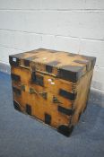 A 19TH CENTURY OR LATER PINE AND IRON BOUND STORAGE CHEST, width 56cm x depth 42cm x height 50cm (