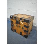 A 19TH CENTURY OR LATER PINE AND IRON BOUND STORAGE CHEST, width 56cm x depth 42cm x height 50cm (