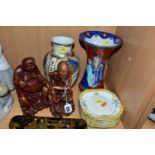 A SMALL GROUP OF EARLY - MID 20TH CENTURY JAPANESE PORCELAIN, TREEN CARVINGS, etc, comprising a