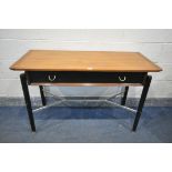 A MID CENTURY G PLAN E.GOMME TOLA AND BLACK CONSOLE TABLE, with a single frieze drawer, on