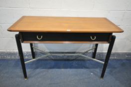A MID CENTURY G PLAN E.GOMME TOLA AND BLACK CONSOLE TABLE, with a single frieze drawer, on