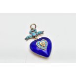 A GUILLOCHE ENAMEL, TURQUOISE AND SEED PEARL HEART PENDANT, a yellow and white metal, deep blue