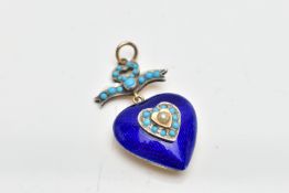 A GUILLOCHE ENAMEL, TURQUOISE AND SEED PEARL HEART PENDANT, a yellow and white metal, deep blue