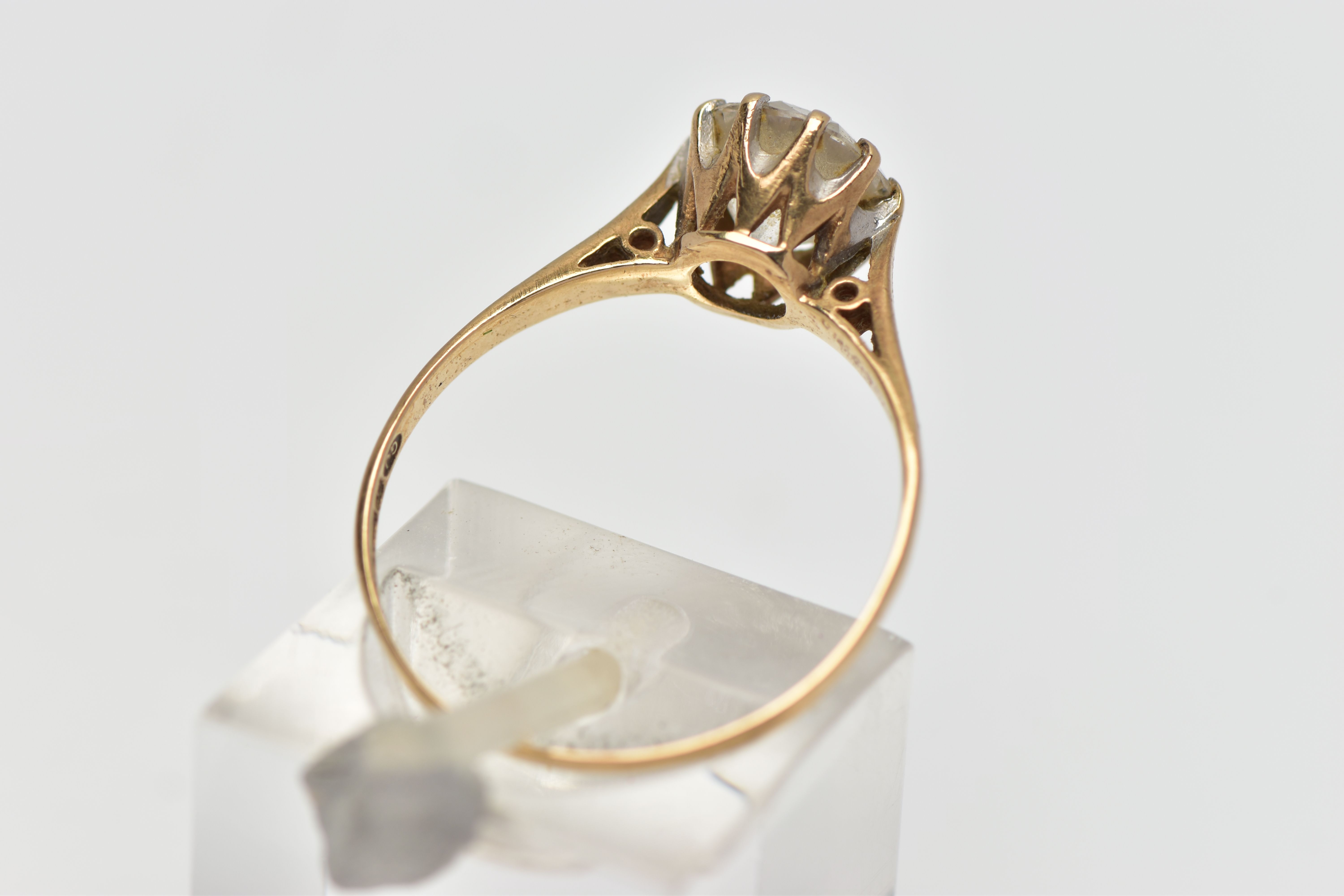 A 9CT GOLD SINGLE STONE RING, circular cut colourless cubic zirconia in a ten claw setting, - Image 3 of 4