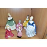 SIX ROYAL DOULTON FIGURINES, comprising Alison HN2336, Coralie HN2307, Bo-Peep HN1811 (broken and