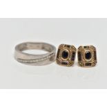 A 9CT WHITE GOLD DIAMOND BAND RING AND A PAIR OF 9CT GOLD SAPPHIRE AND DIAMOND EARRINGS, the first a