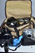 A GROUP OF CAMERAS AND PHOTOGRAPHIC EQUIPMENT, to include a Praktica MTL3 camera with f1.8 50mm