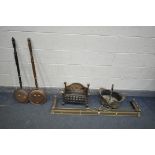 A SELECTION OF METALWARE, to include a cast iron fire grate, two fire grate fronts, a brass