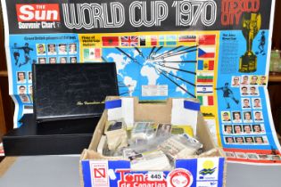 A BOX OF CIGARETTE AND TRADING CARDS, mostly football related, two partially filled 1970s football