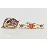 TWO 9CT GOLD GEM SET BROOCHES, to include a 9ct gold oval fire opal collet set bar brooch, with