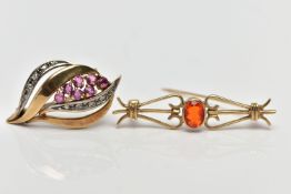 TWO 9CT GOLD GEM SET BROOCHES, to include a 9ct gold oval fire opal collet set bar brooch, with