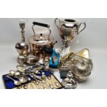 A BOX OF ASSORTED SILVER PLATE AND WHITE METAL WARE, to include an EPNS egg boiler, a 'Viners of