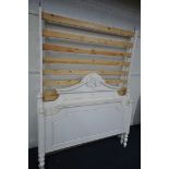 A CREAM FRENCH 4FT6 BEDSTEAD, with side rails and pine slats, and all bolts (good condition)