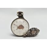 A SILVER OPEN FACE POCKET WATCH AND ALBERT CHAIN, key wound watch, white damaged ceramic dial,