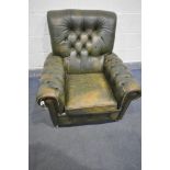 A GREEN BUTTONED LEATHER ARMCHAIR (this chair does not comply with the Furniture and Furnishings