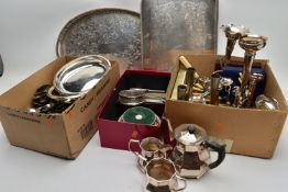 TWO BOXES OF WHITE METAL WARE, to include three white metal posy table centre pieces, two cased sets