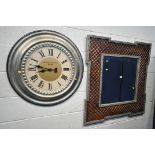 A DECORATIVE FRAMED WALL MIRROR, 101cm squared, and a large Madison clock Co wall clock (2)