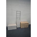 A MODERN IKEA LADDERAX STYLE SHELVING UNIT, comprising a chest of three drawers and three shelves,