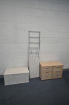 A MODERN IKEA LADDERAX STYLE SHELVING UNIT, comprising a chest of three drawers and three shelves,
