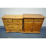 A PINE CHEST OF TWO SHORT OVER THREE LONG DRAWERS, width 81cm x depth 39cm x height 77cm, along with