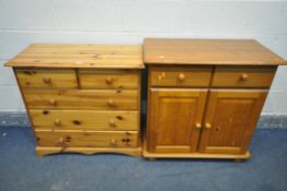 A PINE CHEST OF TWO SHORT OVER THREE LONG DRAWERS, width 81cm x depth 39cm x height 77cm, along with