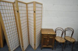 A 20TH CENTURY TWO DOOR CABINET, a pair of Thonet bentwood chairs with cane seats, and a modern