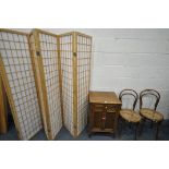 A 20TH CENTURY TWO DOOR CABINET, a pair of Thonet bentwood chairs with cane seats, and a modern