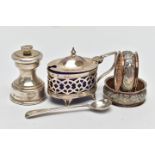 AN ASSORTMENT OF SILVER ITEMS, to include a matching pair of floral napkin rings, hallmarked