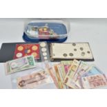 A BOX CONTAINING MIXED COINS AND BANKNOTES, to include a small coin album with 20th century