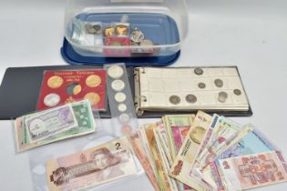 A BOX CONTAINING MIXED COINS AND BANKNOTES, to include a small coin album with 20th century