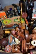 THREE BOXES AND LOOSE METALWARES, TREEN, ETC, including a reproduction set of brass postal scales