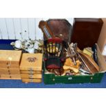 TWO BOXES AND LOOSE METALWARES, TREEN AND SUNDRY ITEMS, to include two small sets of drawers for