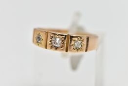 AN YELLOW METAL THREE STONE DIAMOND RING, (A/F), designed with three star set, old mine cut