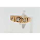 AN YELLOW METAL THREE STONE DIAMOND RING, (A/F), designed with three star set, old mine cut