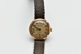 A 9CT GOLD 'J W BENSON' WRISTWATCH, working condition, hand wound movement, round discoloured dial