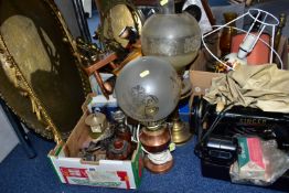 THREE BOXES OF LAMPS AND MISCELLANEOUS ITEMS, to include an early electric Singer sewing machine,