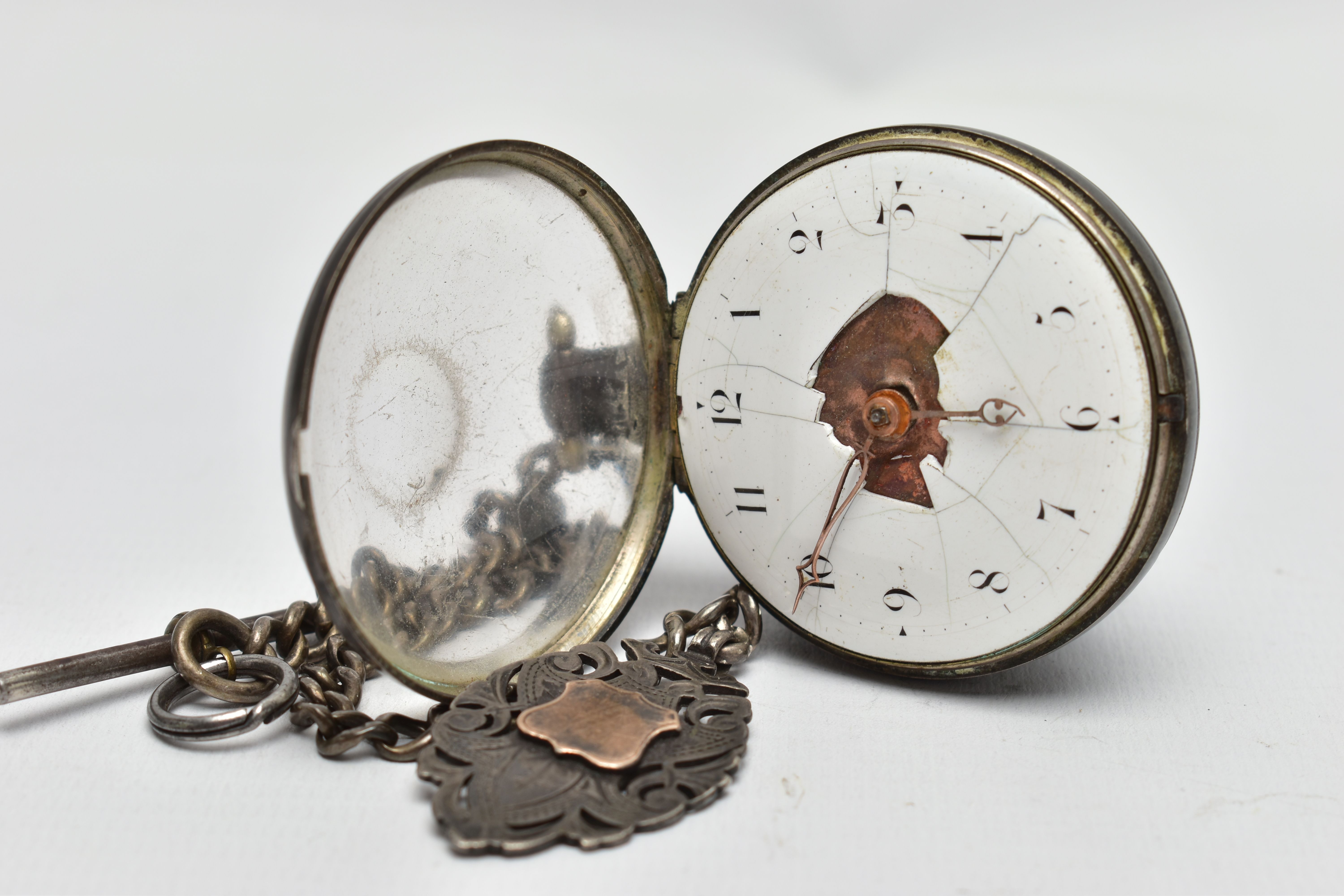 A SILVER OPEN FACE POCKET WATCH AND ALBERT CHAIN, key wound watch, white damaged ceramic dial, - Image 3 of 6