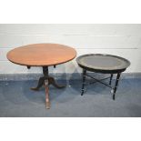 AN EBONISED AND FLORAL GILT OVAL OCCASIONAL TABLE, with a removable tray, on a faux bamboo base,