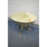 AN ONYX AND BRASS TRIPOD TABLE, diameter 60cm x height 48cm