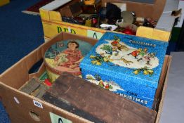THREE BOXES OF ADVERTISING TINS, PACKAGING, METALWARES AND OTHER VINTAGE COLLECTABLES, to include