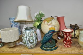 A GROUP OF LAMPS AND STUDIO POTTERY, comprising a Jersey Pottery table lamp with a fine rope