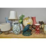 A GROUP OF LAMPS AND STUDIO POTTERY, comprising a Jersey Pottery table lamp with a fine rope