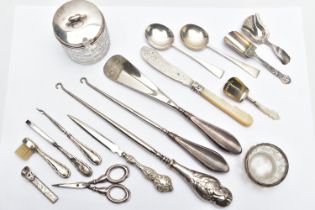 A BOX OF SILVER ITEMS, to include a glass condiment jar with silver cover hallmarked 'T H