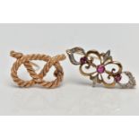 TWO 9CT GOLD BROOCHES, to include a 9ct gold ruby and diamond bar brooch, of openwork design the