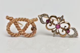 TWO 9CT GOLD BROOCHES, to include a 9ct gold ruby and diamond bar brooch, of openwork design the