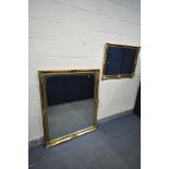 A LARGE GILT FRAMED BEVELLED EDGE MIRROR, 133cm x 107cm, along with another gilt framed mirror