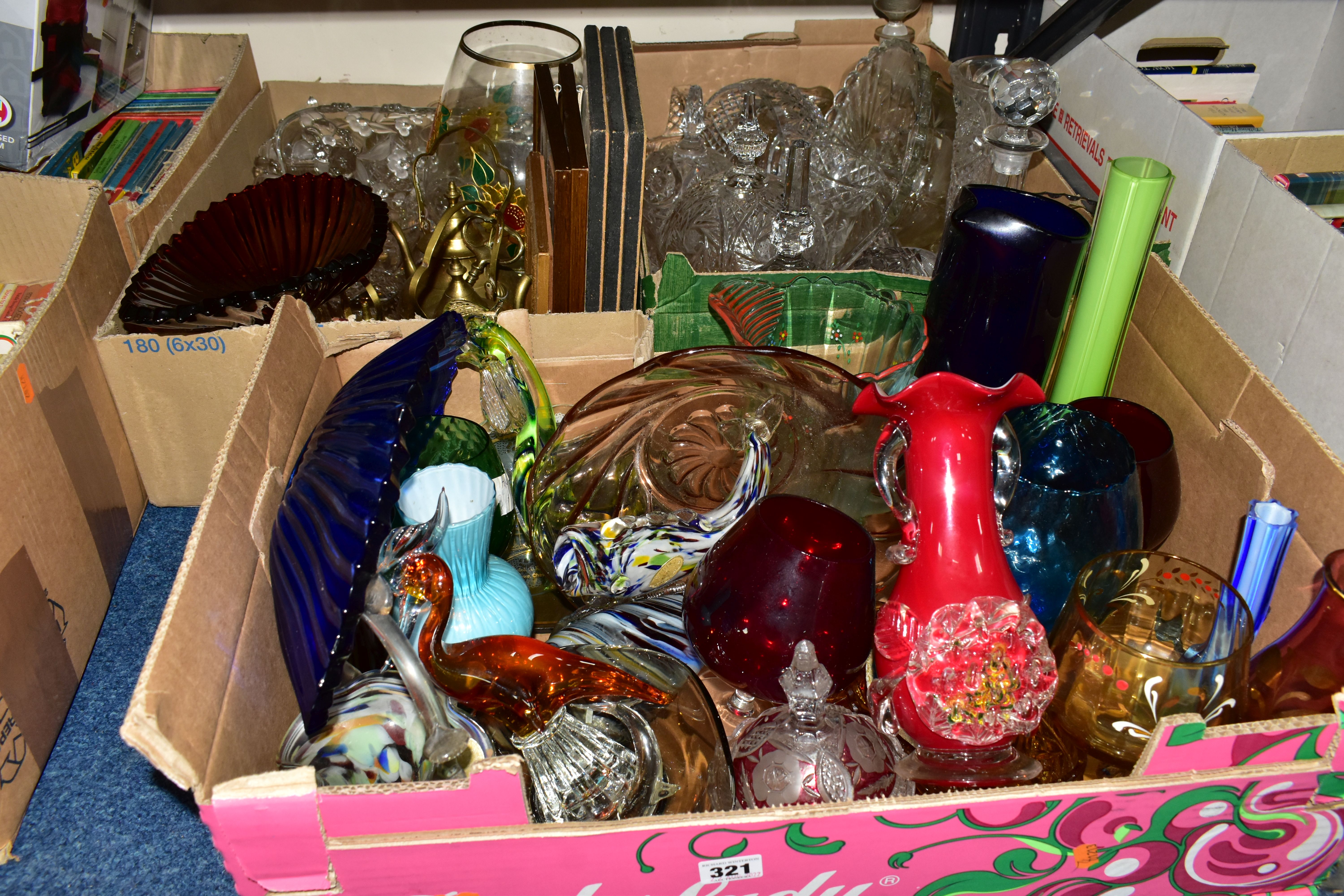 THREE BOXES OF MID- CENTURY STUDIO GLASS, to include a hand painted lemonade pitcher, Murano style