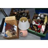 THREE BOXES AND LOOSE METALWARES, SUNDRIES, TWO TABLE LAMPS, ETC, including table mats, brass and