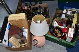 THREE BOXES AND LOOSE METALWARES, SUNDRIES, TWO TABLE LAMPS, ETC, including table mats, brass and