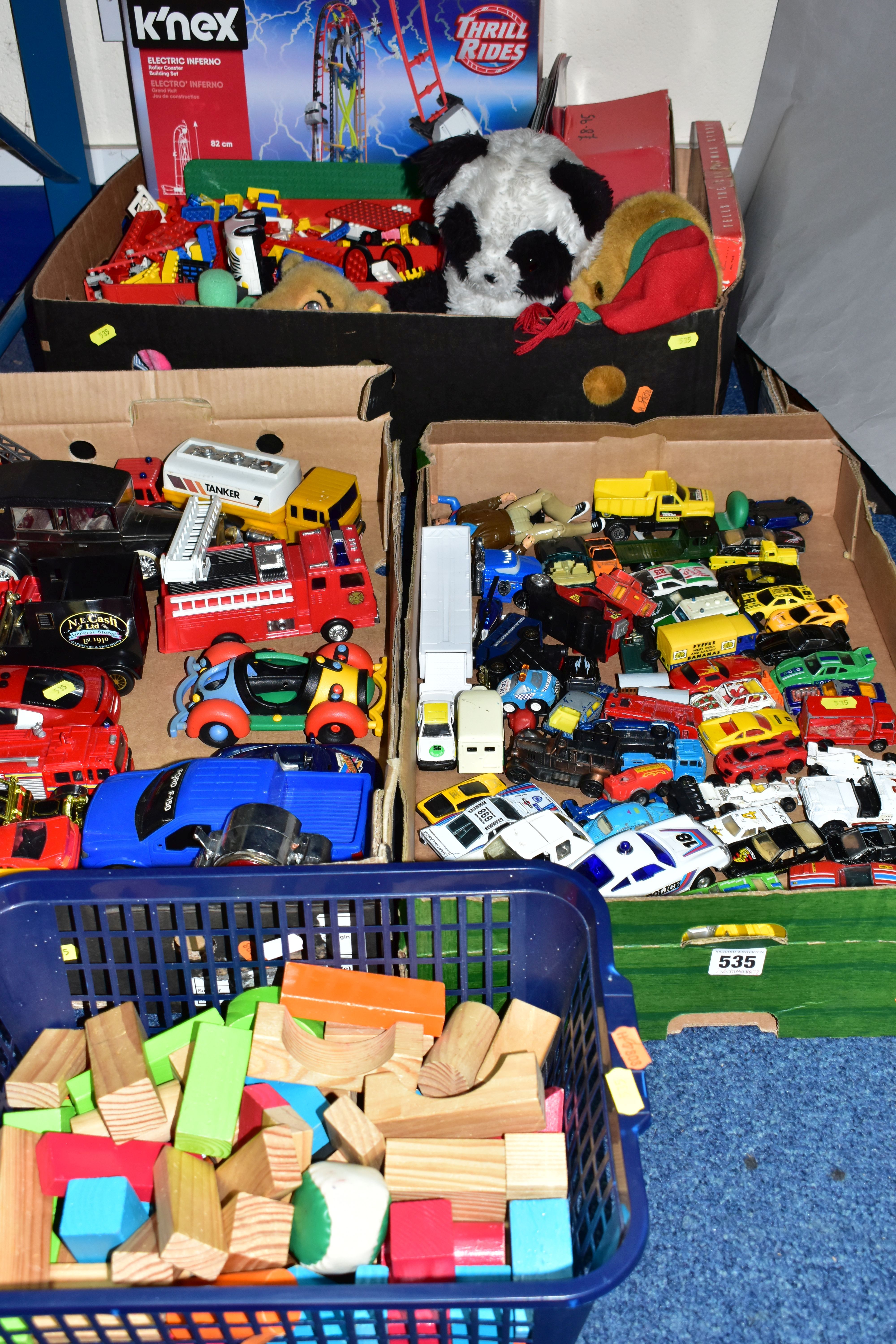 THREE BOXES OF TOY CARS AND LEGO, to include a mixed box of Lego, soft toys, KNEX 'Thrill and Ride',